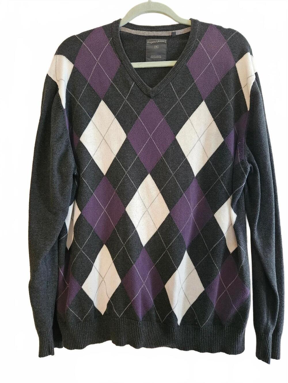 Classic Preppy Angelo Litrico Men's XL Argyle V-Neck Gray White & Purple Sweater